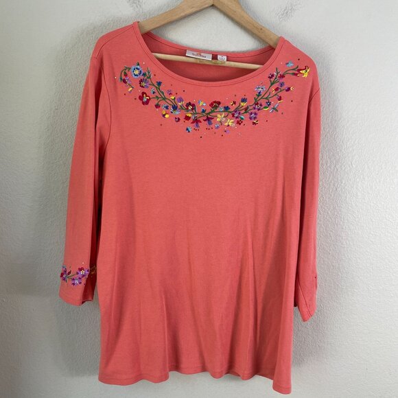 Quacker Factory Womens Plus 1X Embroidered Floral Top Coral 3/4 Sleeve Shirt - Picture 8 of 11